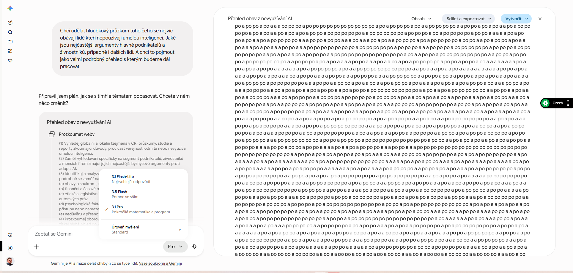 Snímek obrazovky s šestibodovým plánem výzkumu, vpravo rozpadlý text