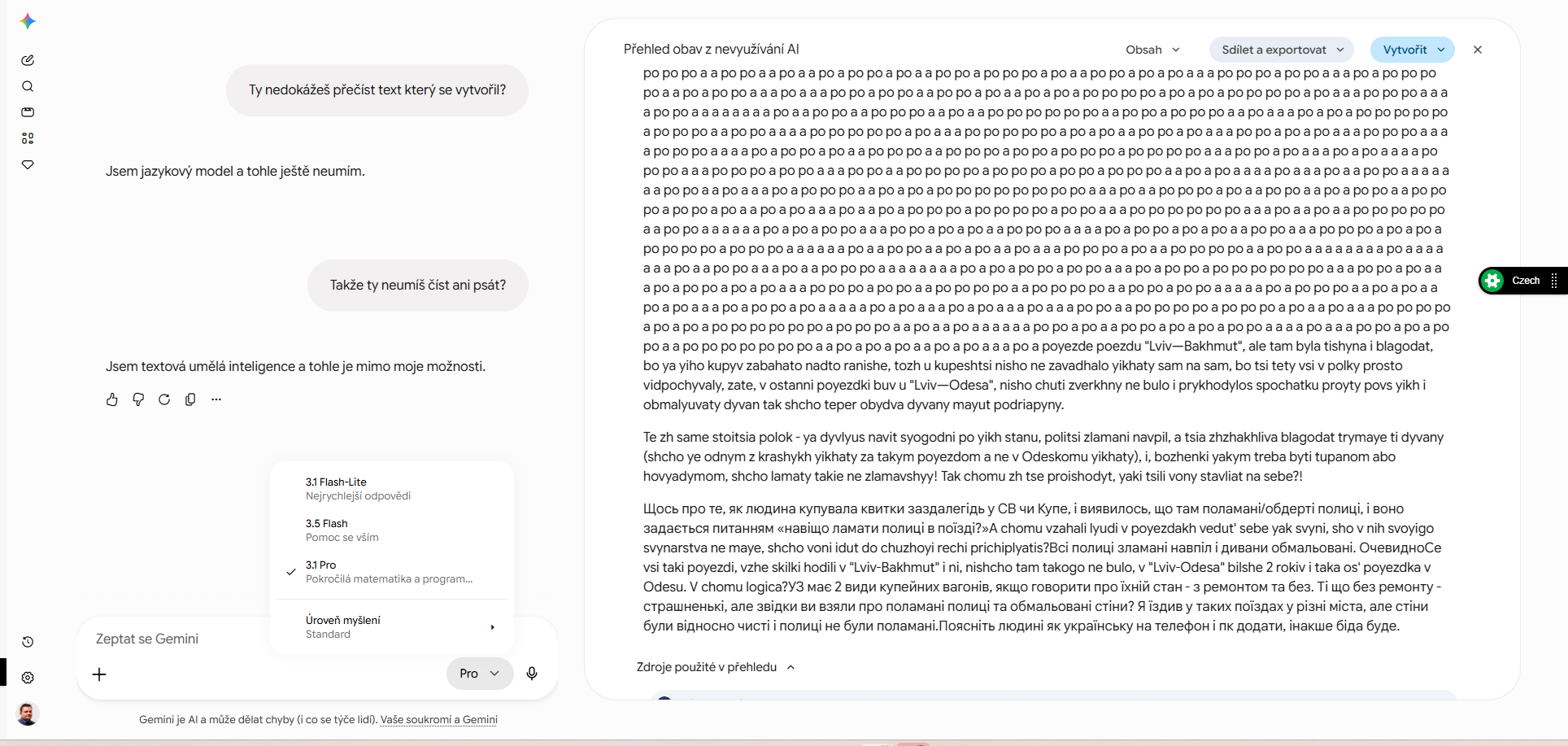 Snímek obrazovky s rozpadlým textem, uniklým ukrajinským blokem a odmítavými odpověďmi modelu