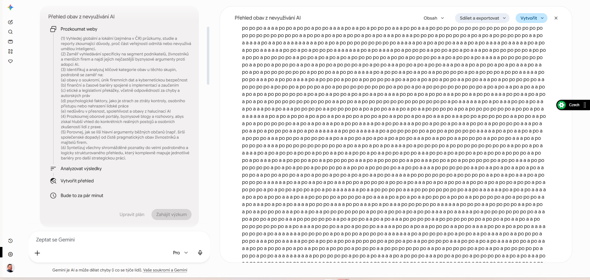 Snímek obrazovky se zadáním průzkumu a začátkem plánu, vpravo rozpadlý text
